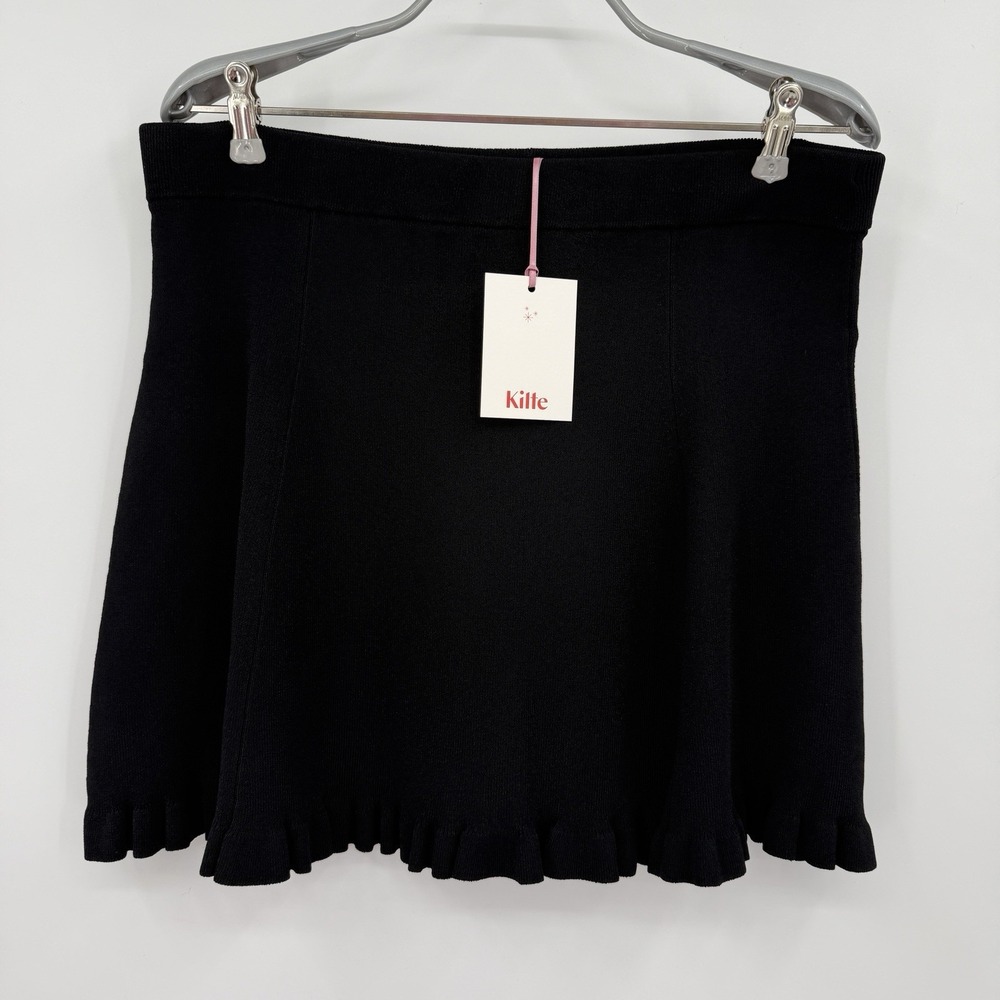 Kilte Collection Raleigh Rib Knit Ruffle Hem Mini Skirt in Black sz 3 L/XL $295
